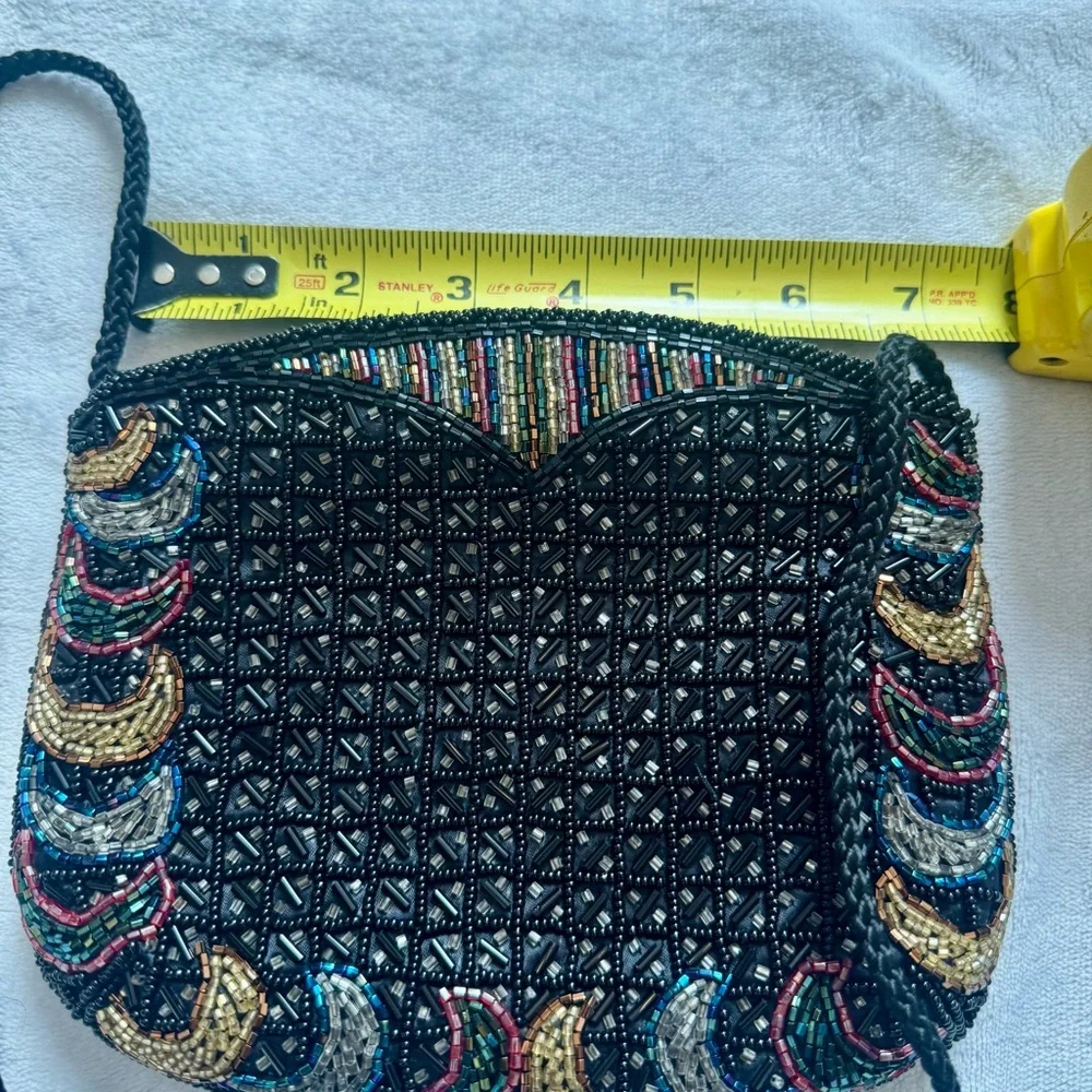 Vintage Beaded Evening Bag Black Multicolor Crescent Lattice Purse Made in Macau